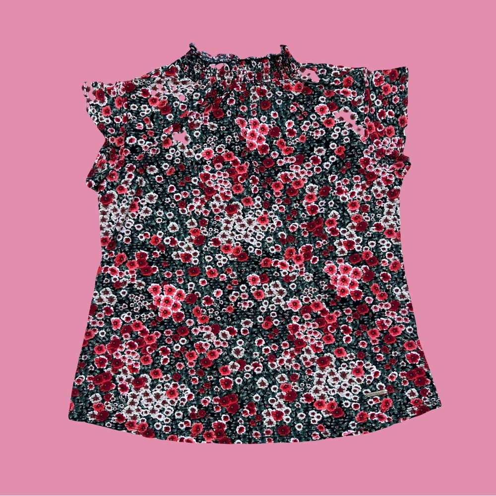 Floral Ruffle Neck Sleeveless Blouse